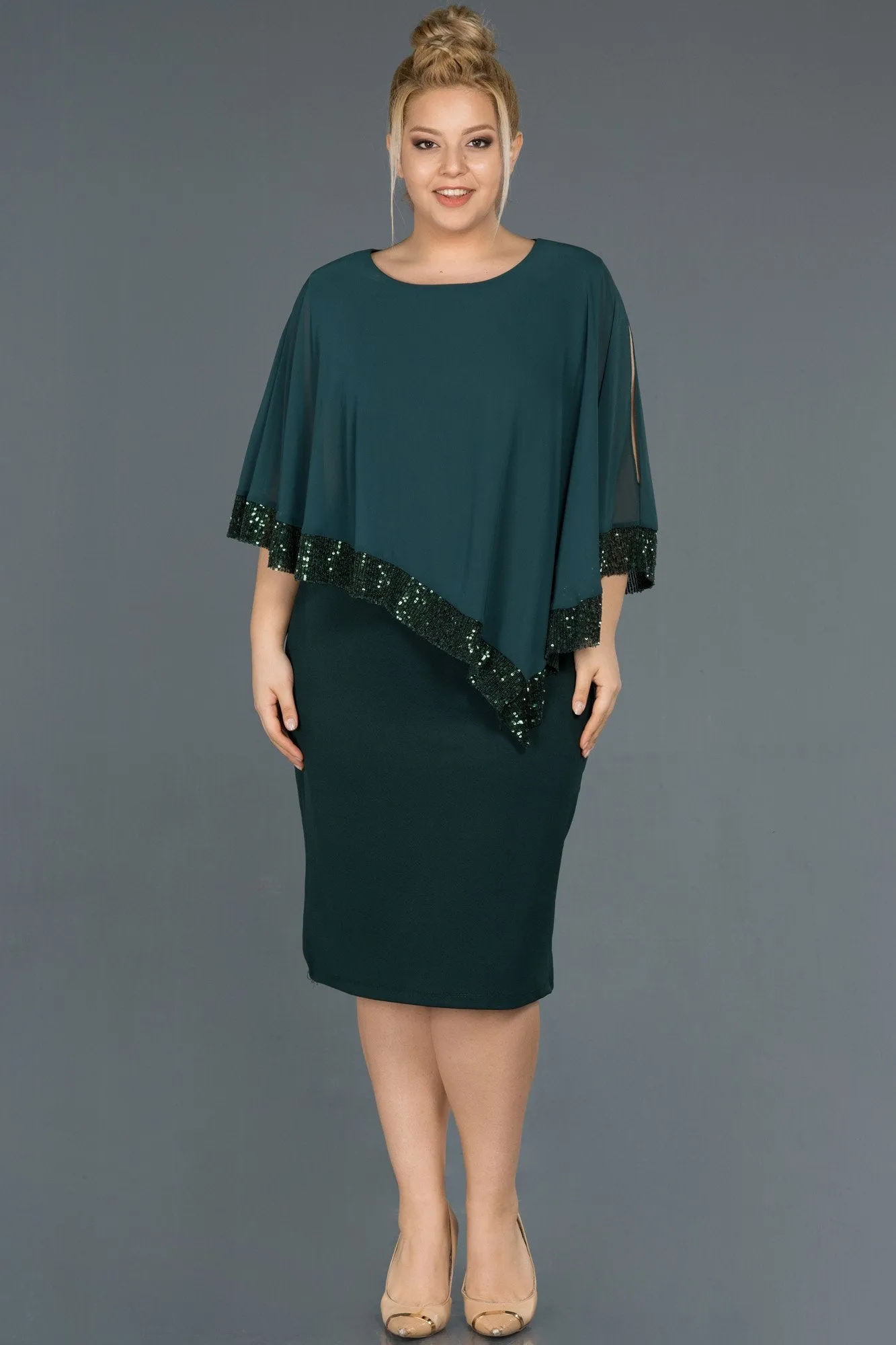 15749 Emerald Green Sequinned Poncho Bodycon Dress