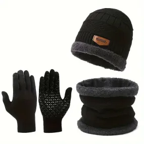 3-Piece Set: Infinity Scarf Autumn Winter, Thickened Warm Knit Beanie and Touchscreen Gloves Neck Gaiter