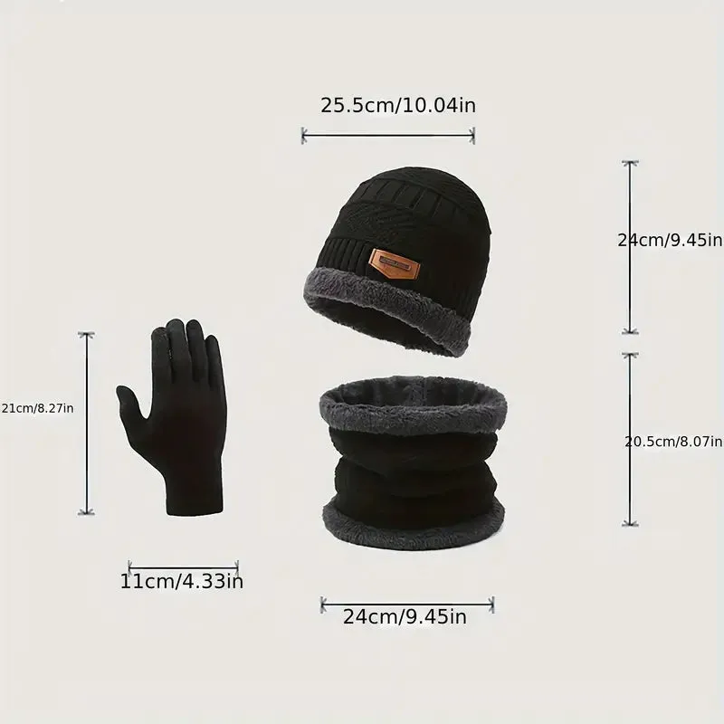 3-Piece Set: Infinity Scarf Autumn Winter, Thickened Warm Knit Beanie and Touchscreen Gloves Neck Gaiter
