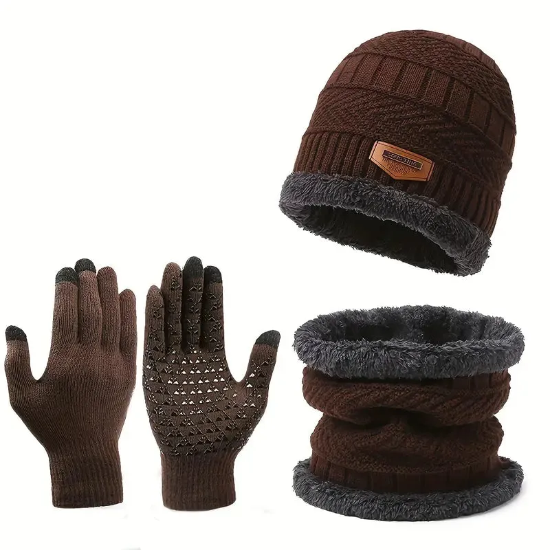 3-Piece Set: Infinity Scarf Autumn Winter, Thickened Warm Knit Beanie and Touchscreen Gloves Neck Gaiter