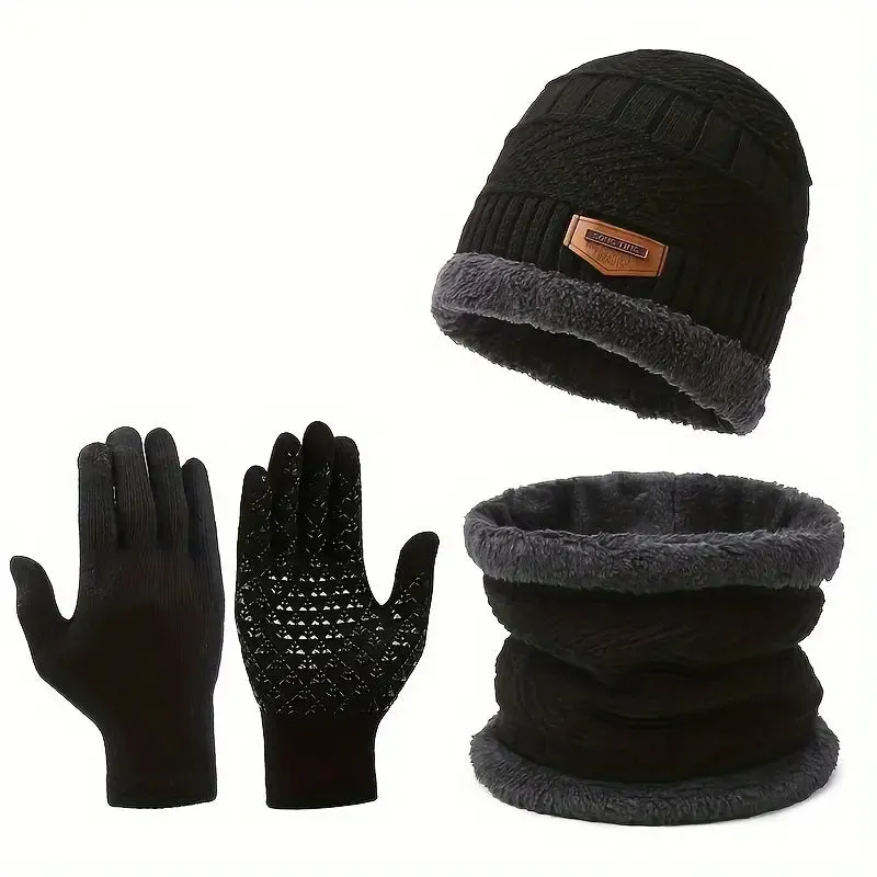 3-Piece Set: Infinity Scarf Autumn Winter, Thickened Warm Knit Beanie and Touchscreen Gloves Neck Gaiter