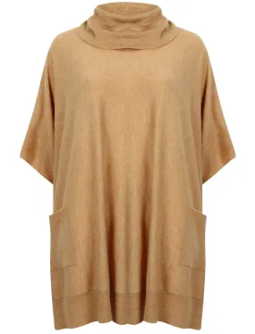Caro Roll Neck Knitted Poncho with Pockets in Camel Marl - Amara Reya