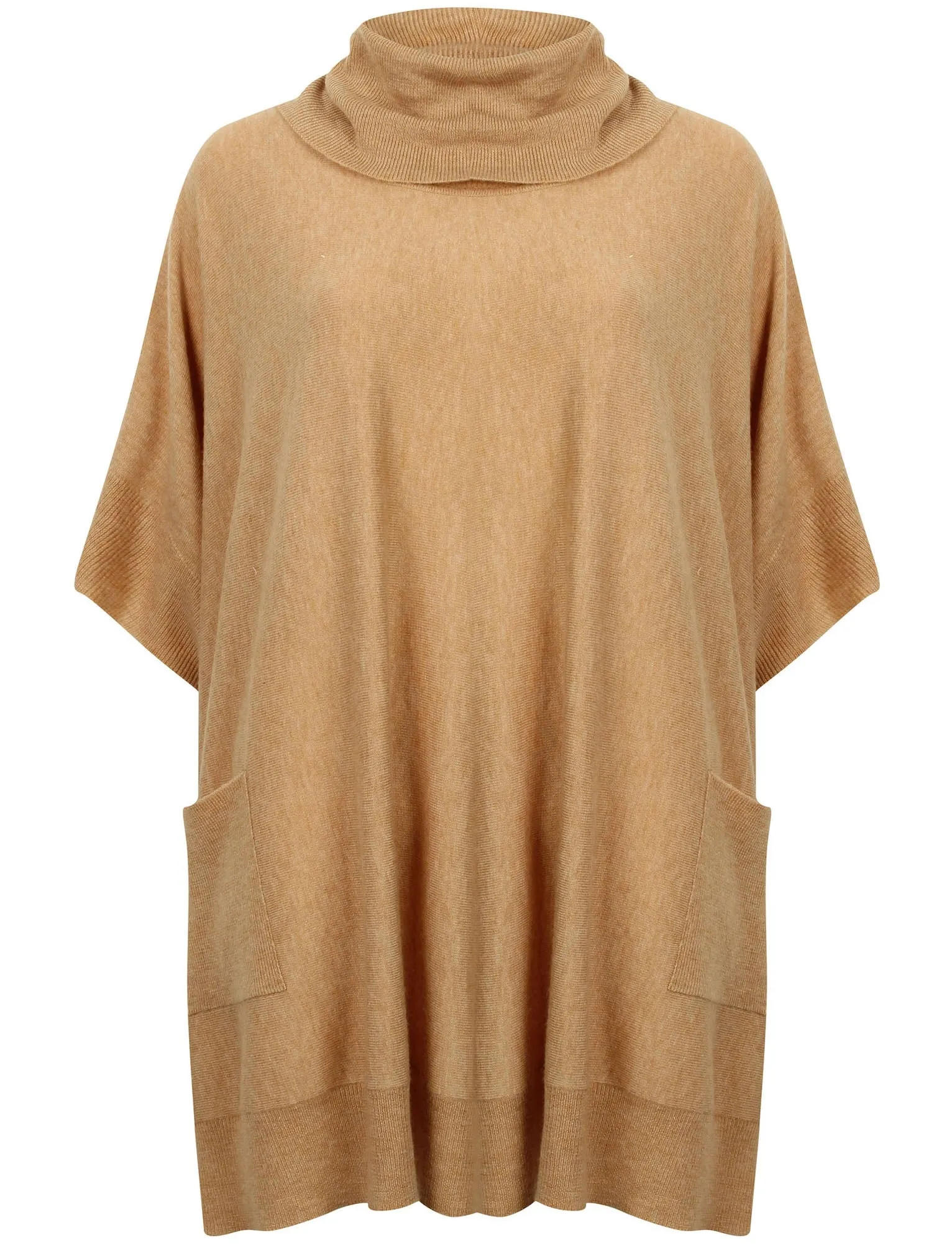Caro Roll Neck Knitted Poncho with Pockets in Camel Marl - Amara Reya