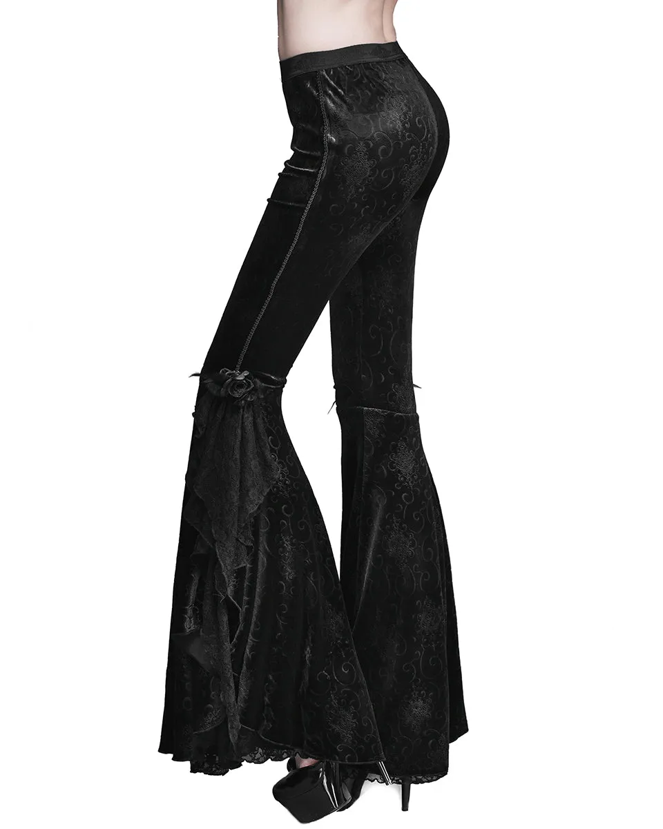 Eva Lady Gothic Embossed Velvet Rose Lace Flared Pants/Leggings