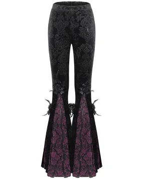 Eva Lady Womens Baroque Velvet Damask & Lace Flared Leggings - Black & Purple