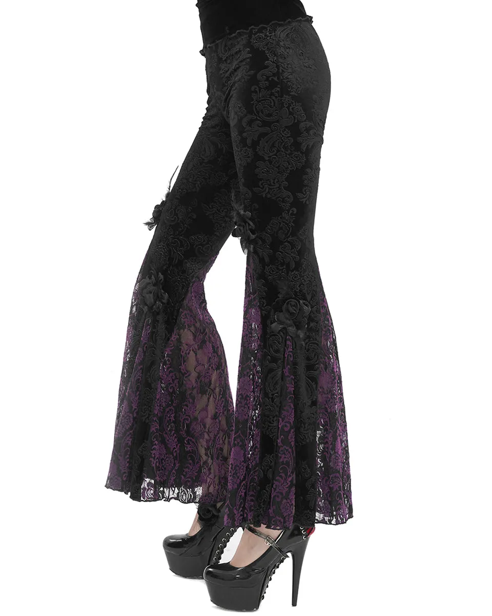 Eva Lady Womens Baroque Velvet Damask & Lace Flared Leggings - Black & Purple