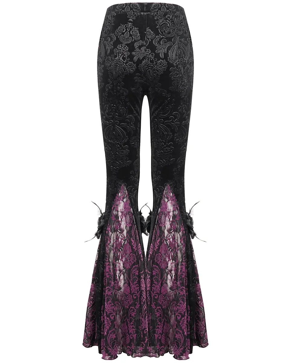 Eva Lady Womens Baroque Velvet Damask & Lace Flared Leggings - Black & Purple