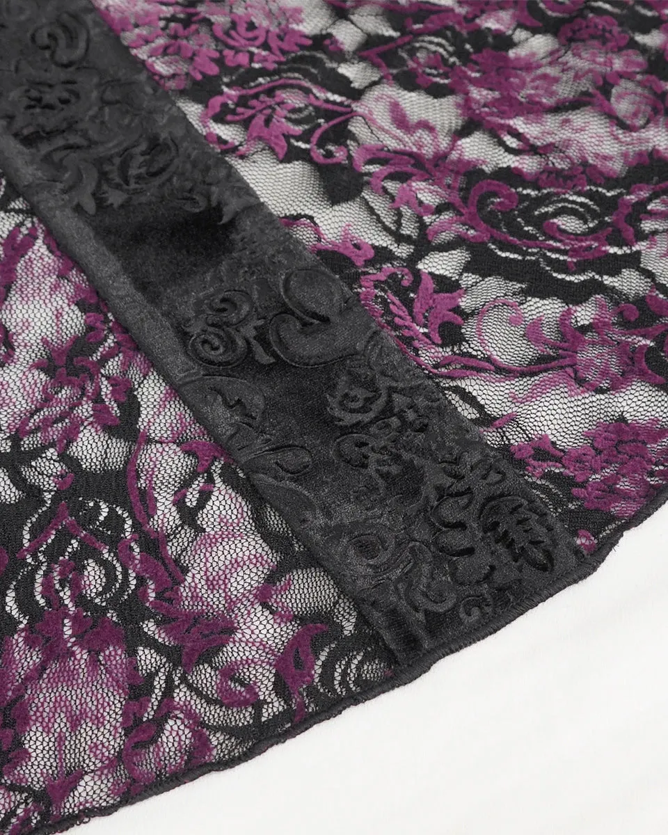 Eva Lady Womens Baroque Velvet Damask & Lace Flared Leggings - Black & Purple