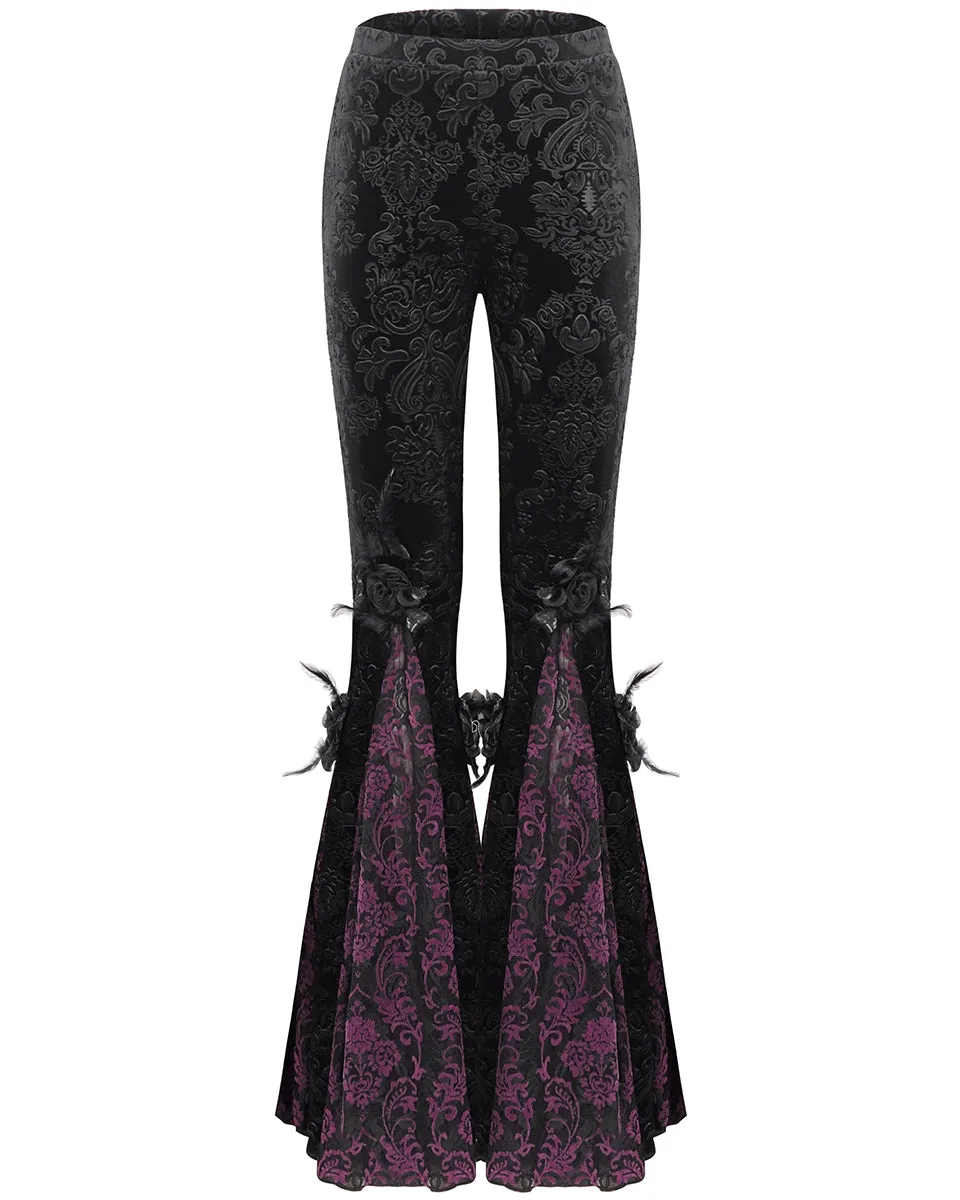 Eva Lady Womens Baroque Velvet Damask & Lace Flared Leggings - Black & Purple