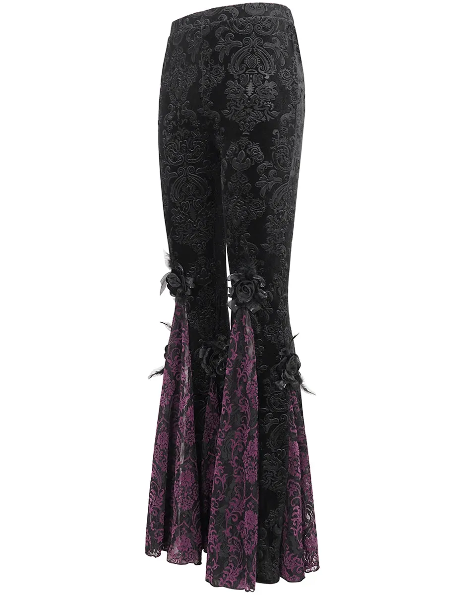 Eva Lady Womens Baroque Velvet Damask & Lace Flared Leggings - Black & Purple