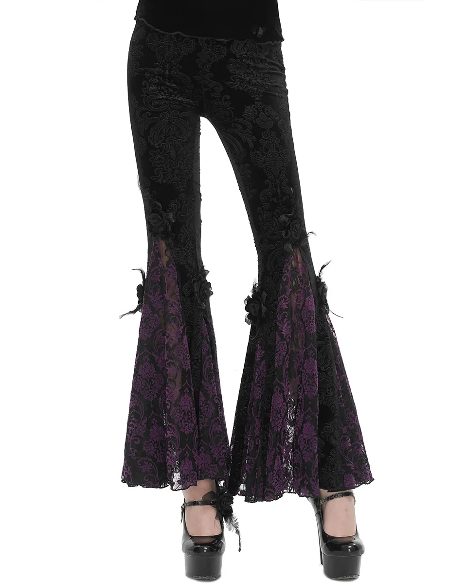 Eva Lady Womens Baroque Velvet Damask & Lace Flared Leggings - Black & Purple
