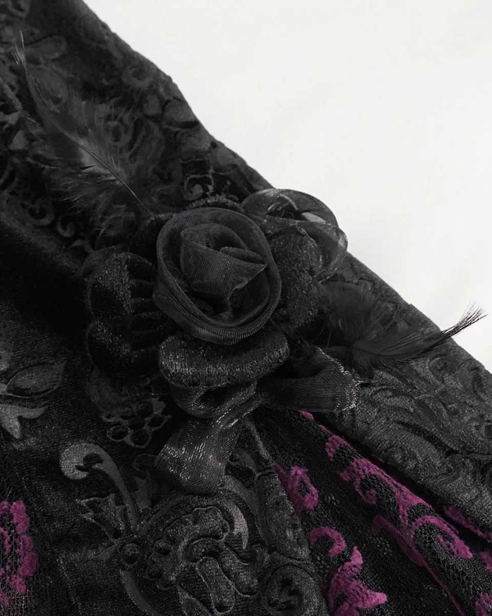 Eva Lady Womens Baroque Velvet Damask & Lace Flared Leggings - Black & Purple