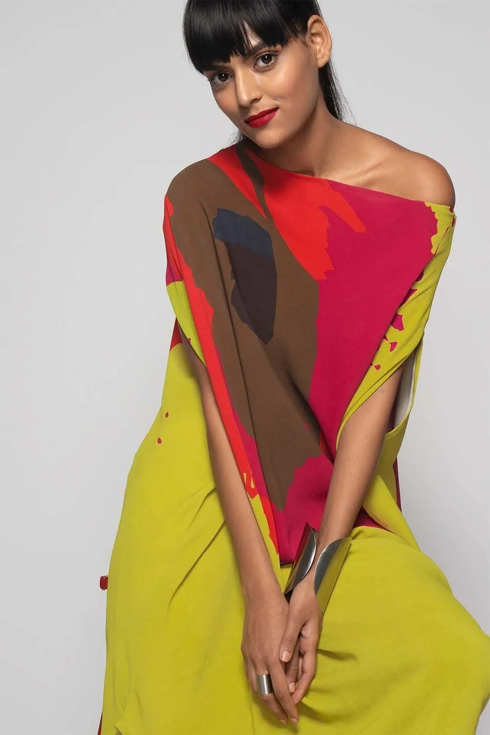 Green Poly Satin One Shoulder Tunic Dress M 121050