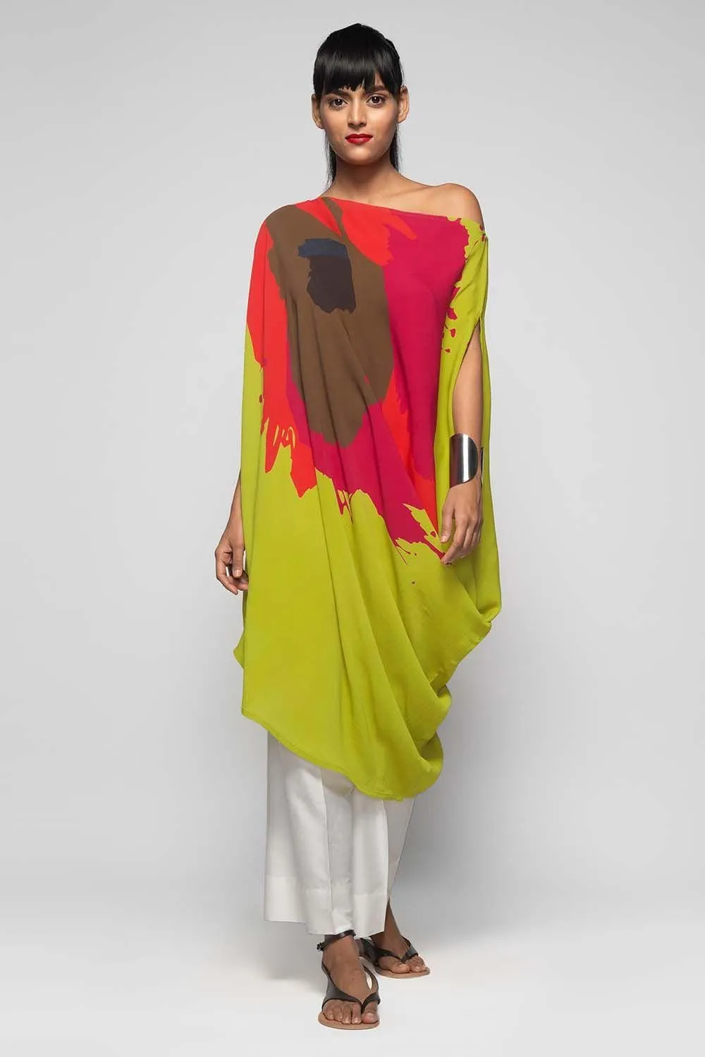 Green Poly Satin One Shoulder Tunic Dress M 121050