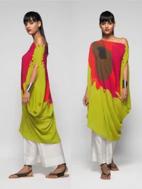 Green Poly Satin One Shoulder Tunic Dress M 121050