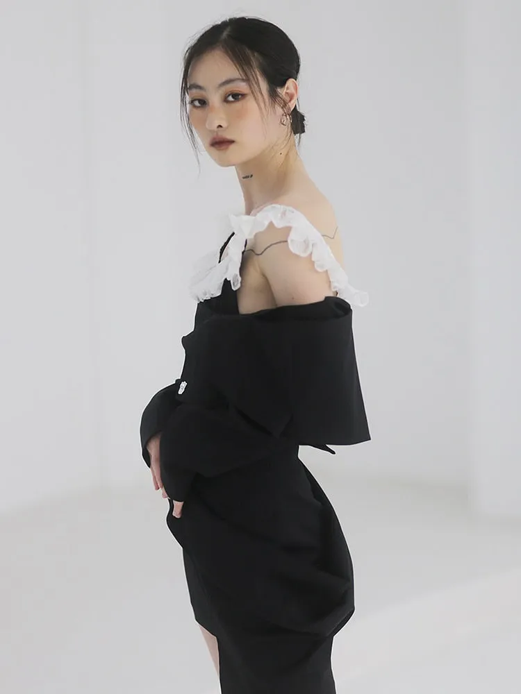 Hollow Out Irregular Coats For Women Slash Neck Long Sleeve Patchwork Folds Backless Vintage Elegant Coat Female