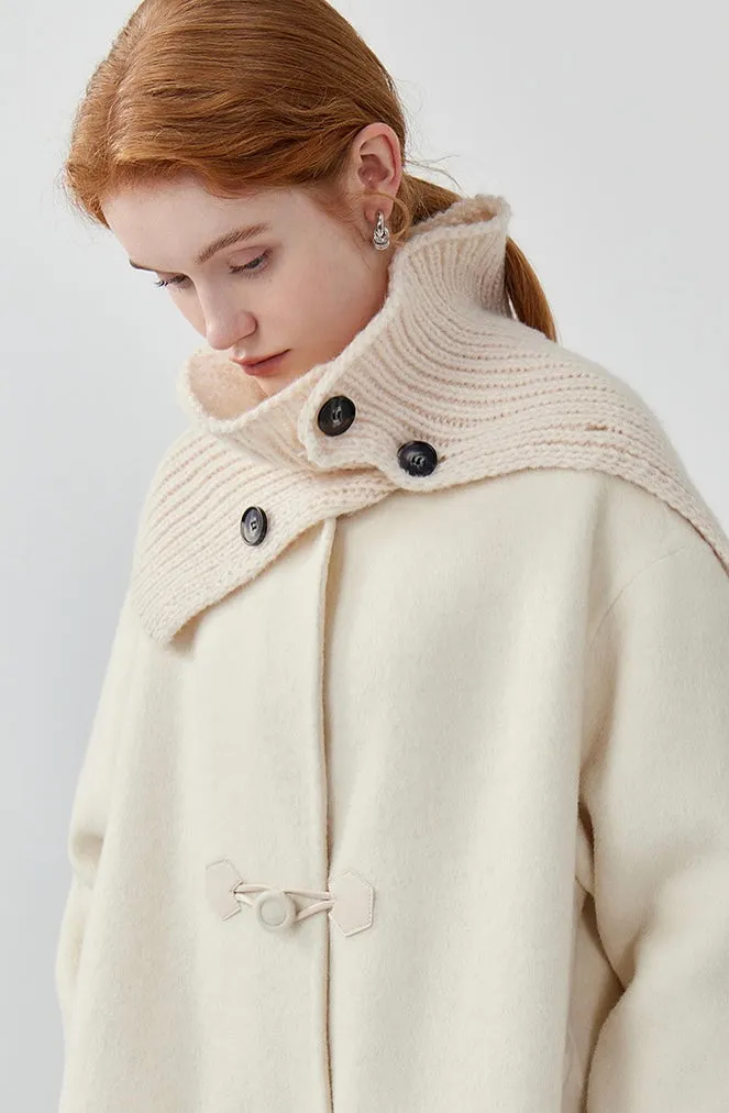 Leather button knitted scarf coat for women petite long double-sided woolen coat