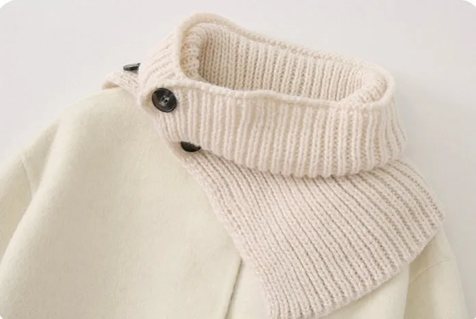 Leather button knitted scarf coat for women petite long double-sided woolen coat