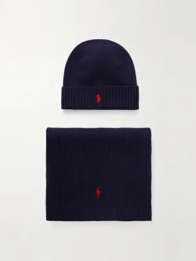 Logo-embroidered ribbed wool scarf and beanie set