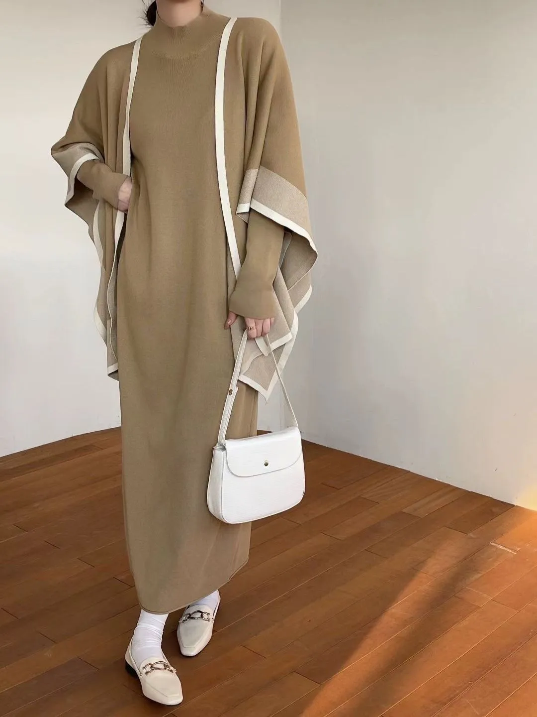 MALYBGG Contrast Cape Poncho   Semi-Turtleneck Knit Dress: Stylish Duo for Women 8056LY