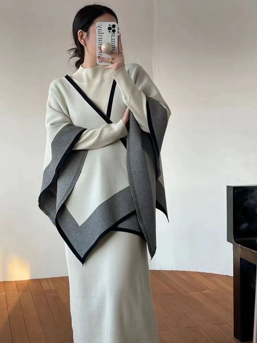 MALYBGG Contrast Cape Poncho   Semi-Turtleneck Knit Dress: Stylish Duo for Women 8056LY