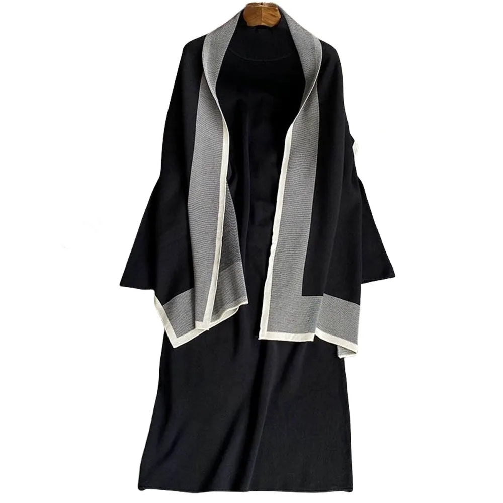 MALYBGG Contrast Cape Poncho   Semi-Turtleneck Knit Dress: Stylish Duo for Women 8056LY