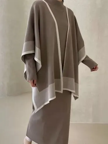 MALYBGG Contrast Cape Poncho   Semi-Turtleneck Knit Dress: Stylish Duo for Women 8056LY