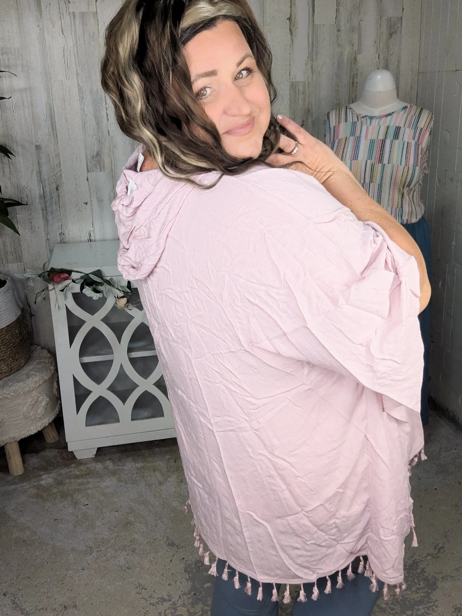 Peggy Hooded Lightweight Poncho w/Tassel Trim (3 colors)