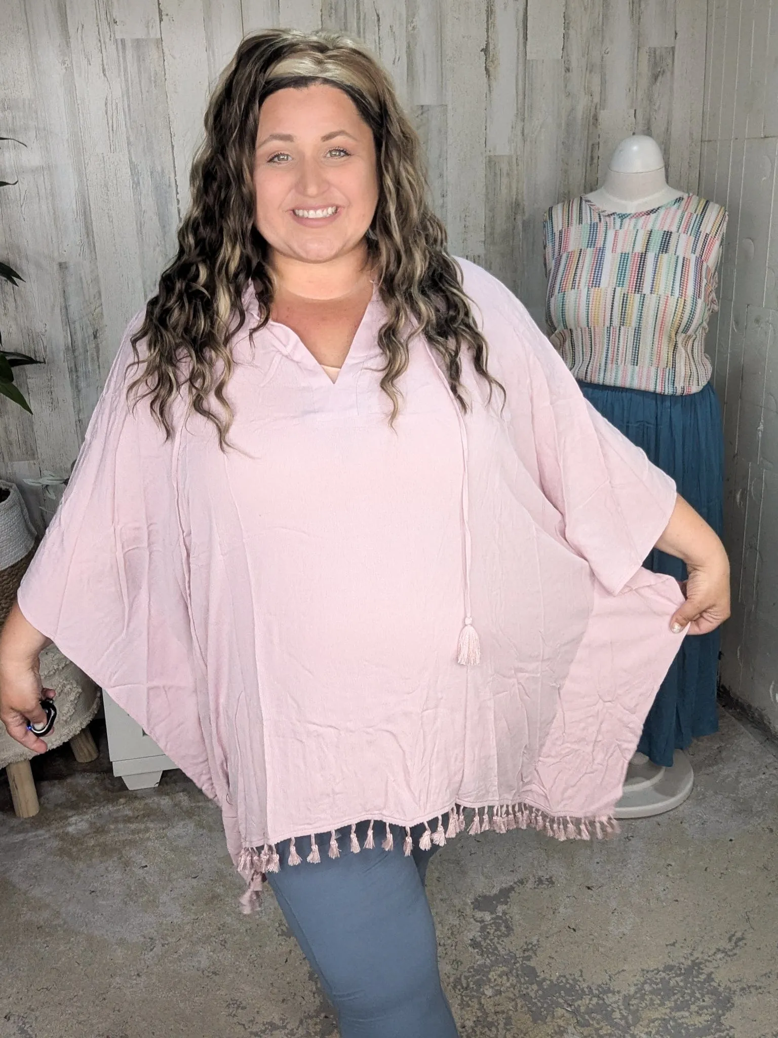 Peggy Hooded Lightweight Poncho w/Tassel Trim (3 colors)
