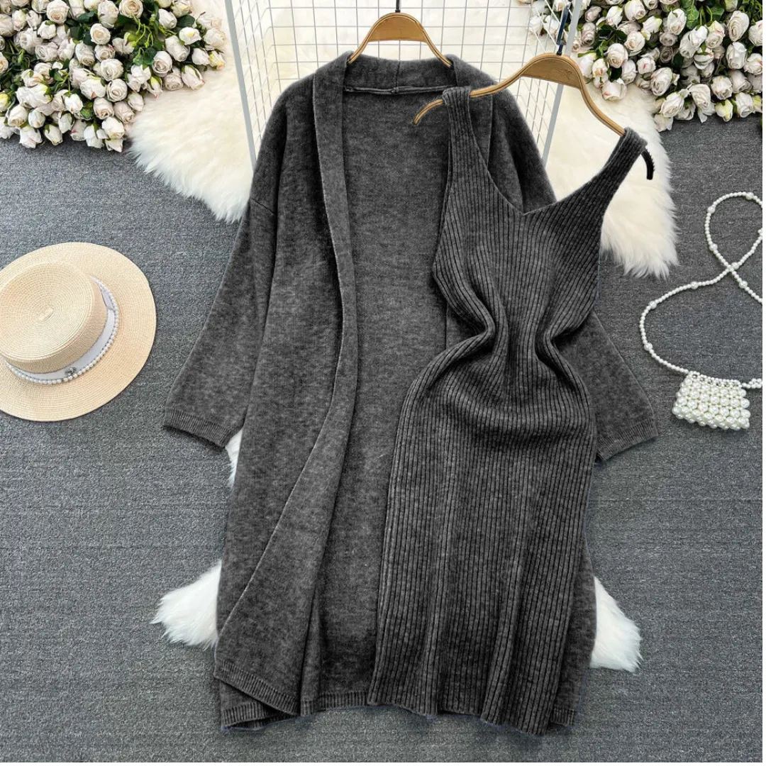 Pre Order:  Long Loose Knitted Cardigan   Sleeveless Dress Set