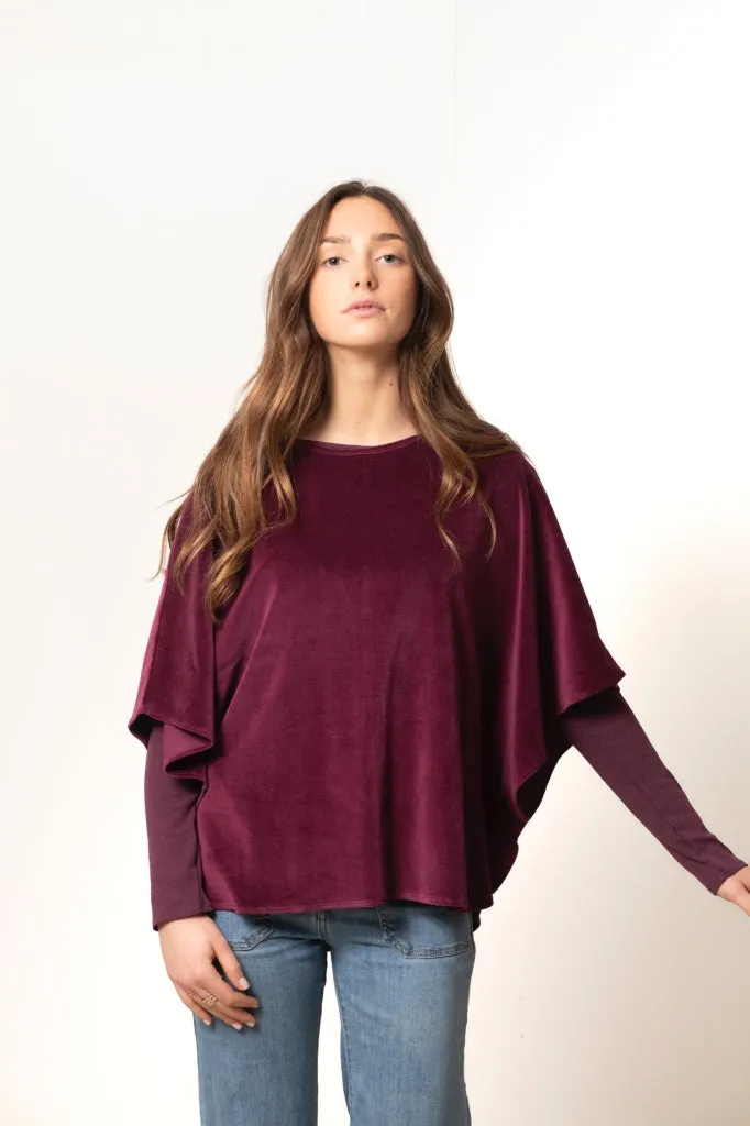 Pull cape en velours bio BONNIE prune