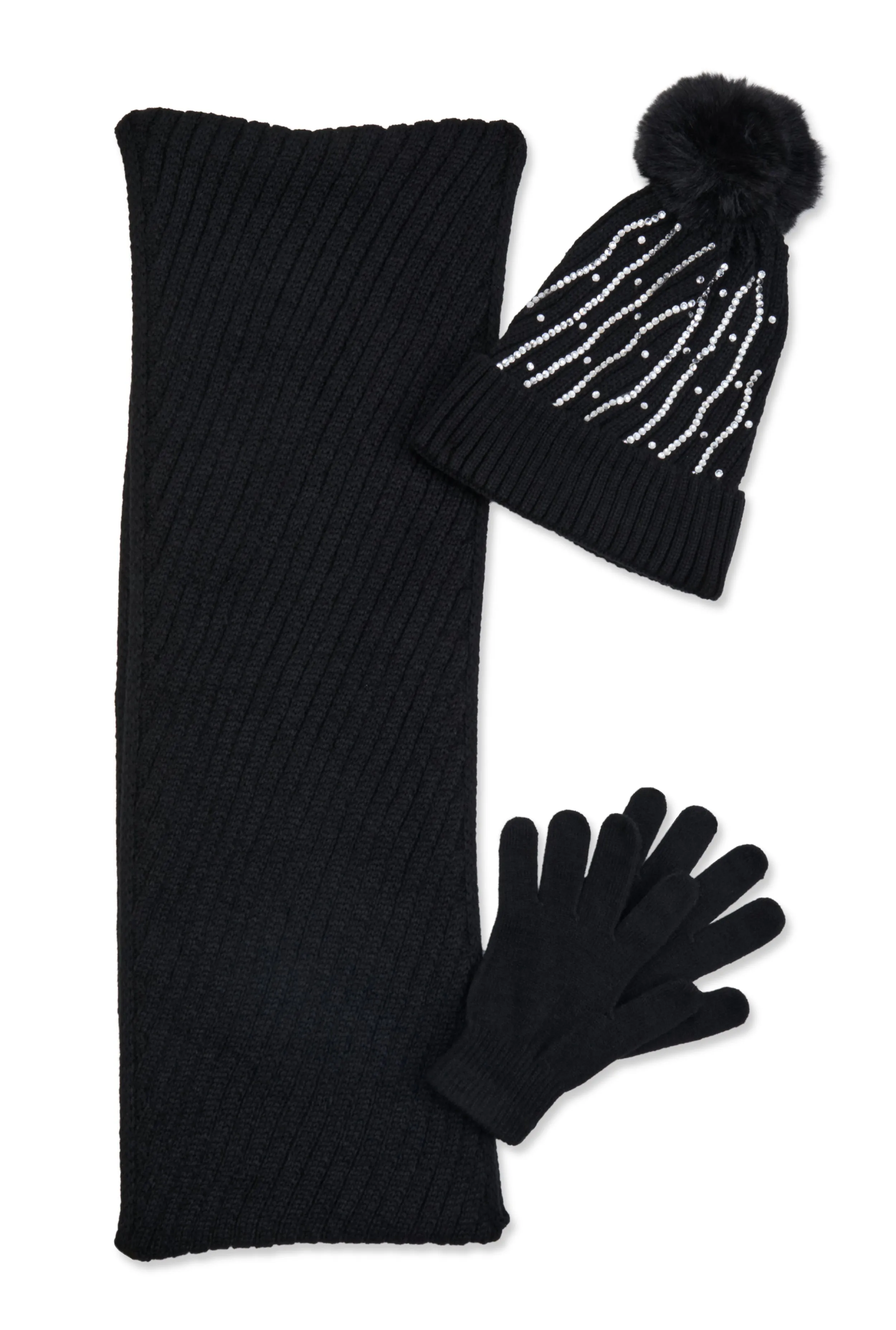 Rhinestone Detail Beanie with Infinity Scarf and Gloves