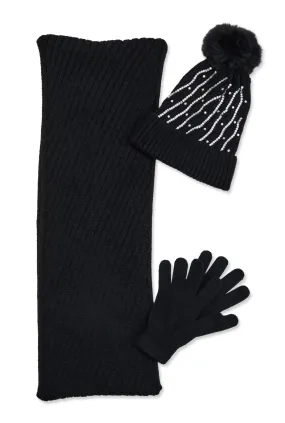 Rhinestone Detail Beanie with Infinity Scarf and Gloves