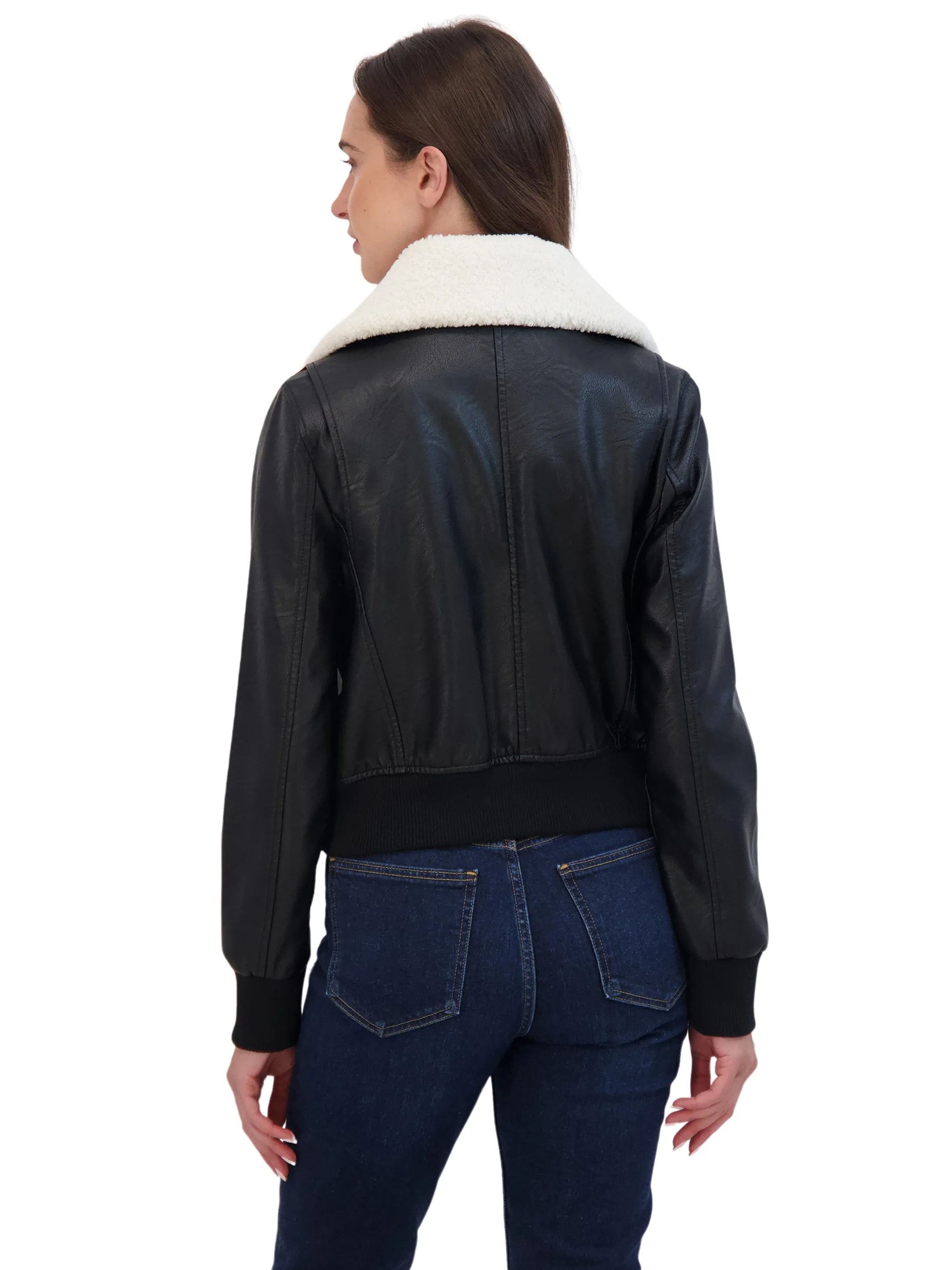 Sebby Collection Women's Faux Leather Bomber With Faux Fur Collar