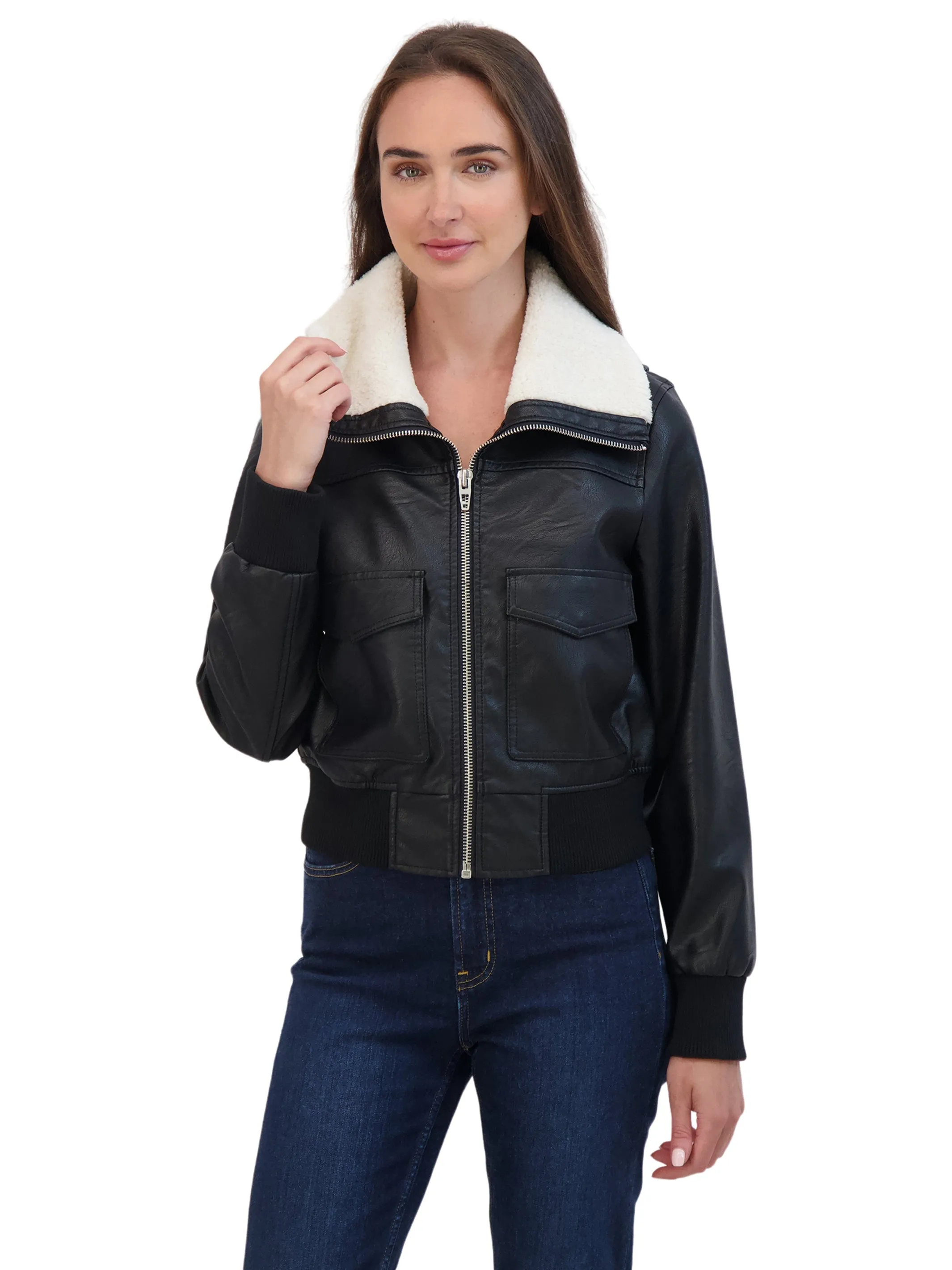 Sebby Collection Women's Faux Leather Bomber With Faux Fur Collar