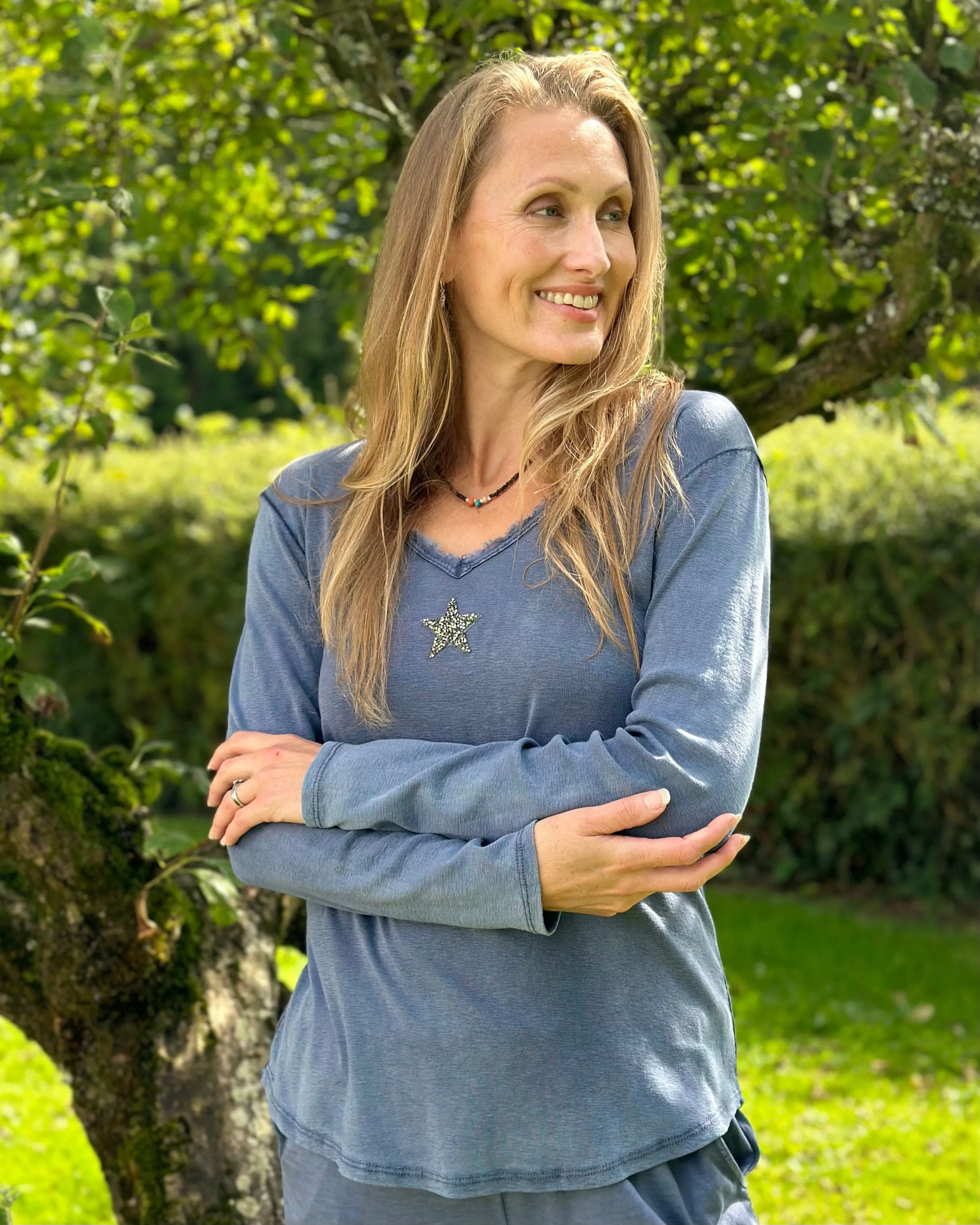 Sequin Star Long Sleeved T-Shirt - Dusky Blue/Grey