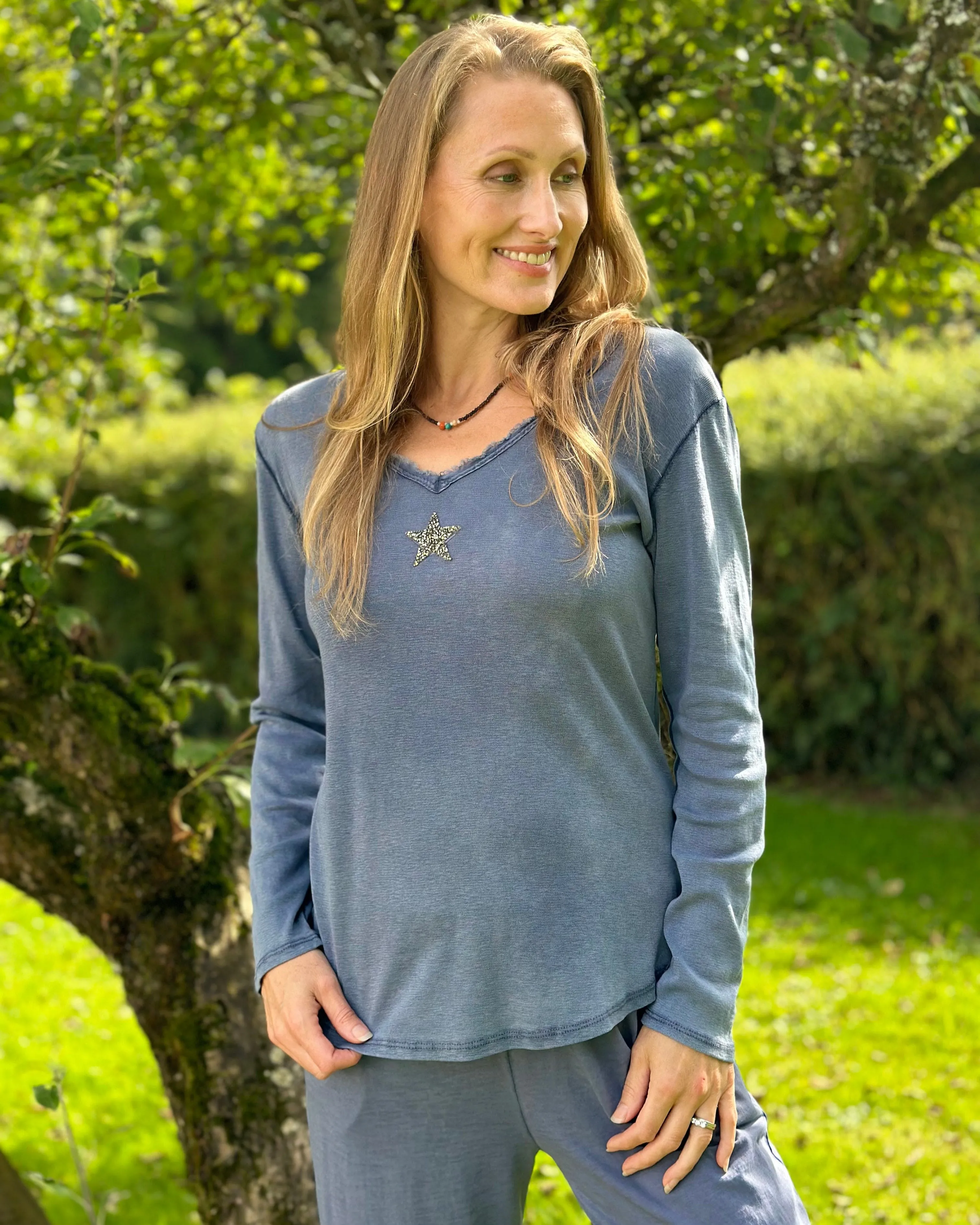 Sequin Star Long Sleeved T-Shirt - Dusky Blue/Grey