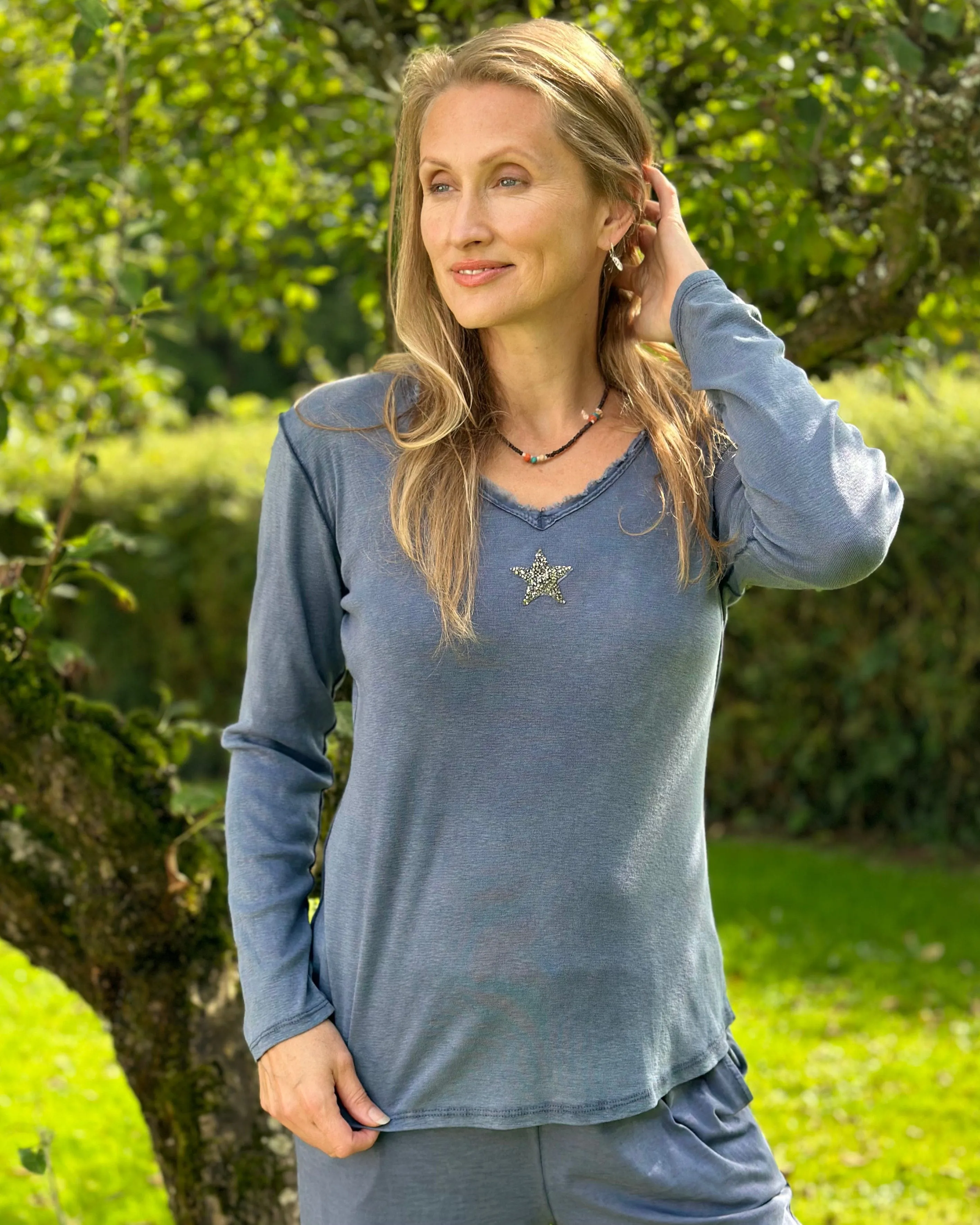 Sequin Star Long Sleeved T-Shirt - Dusky Blue/Grey