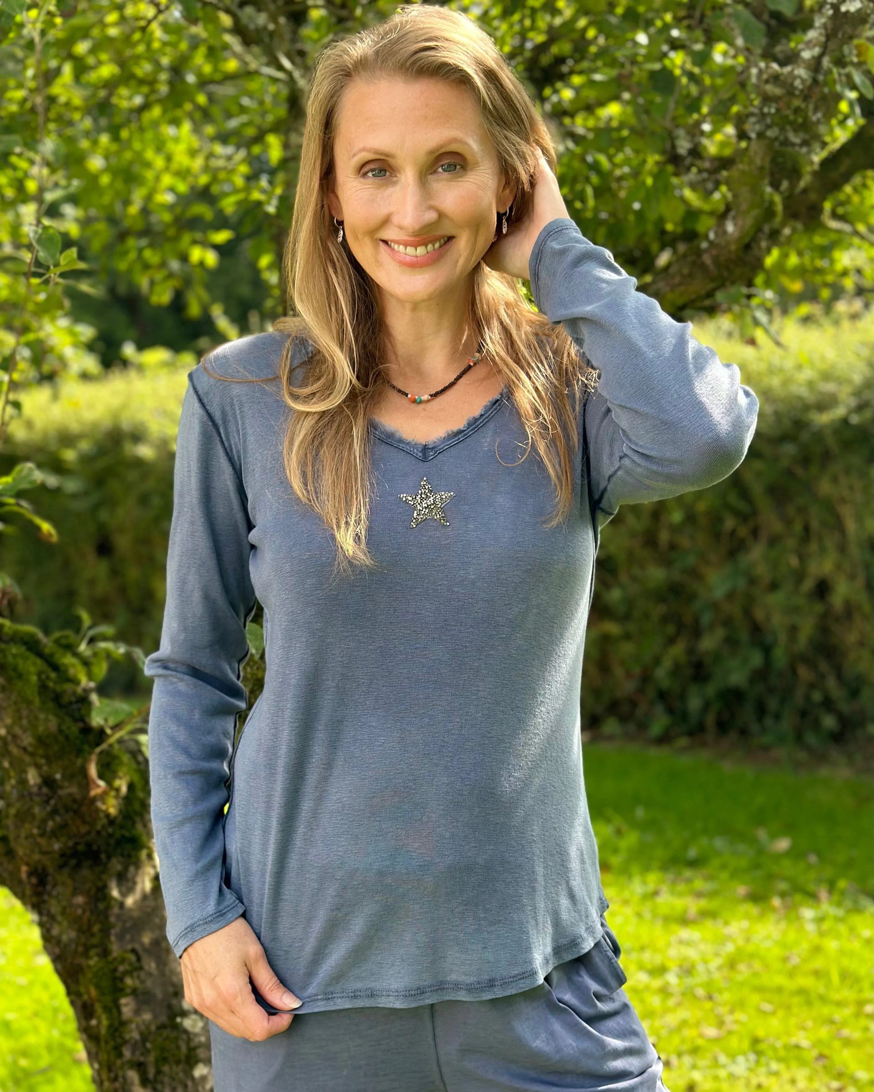 Sequin Star Long Sleeved T-Shirt - Dusky Blue/Grey