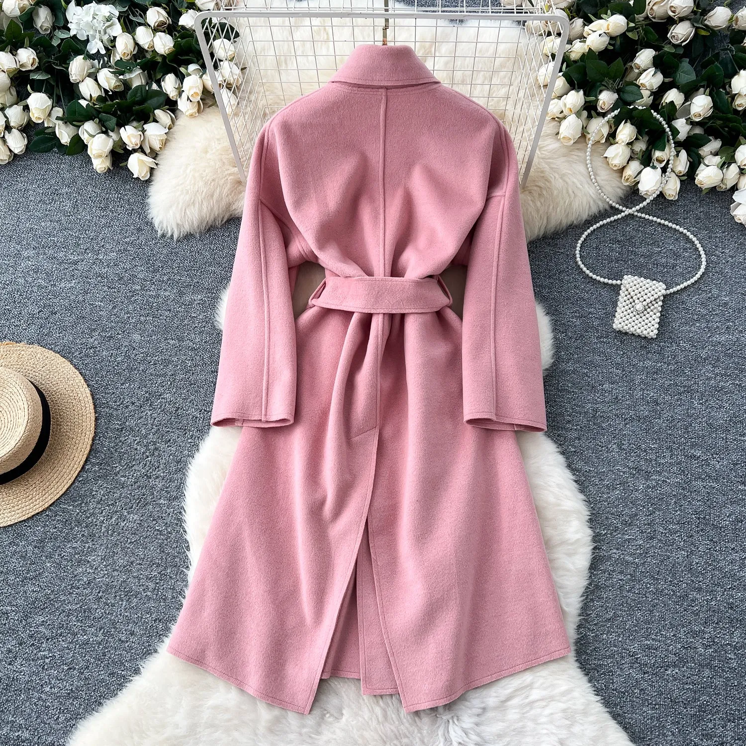 Solid Color Lace-up Tweed Trench Coat
