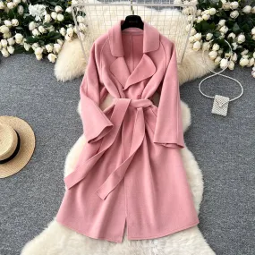 Solid Color Lace-up Tweed Trench Coat
