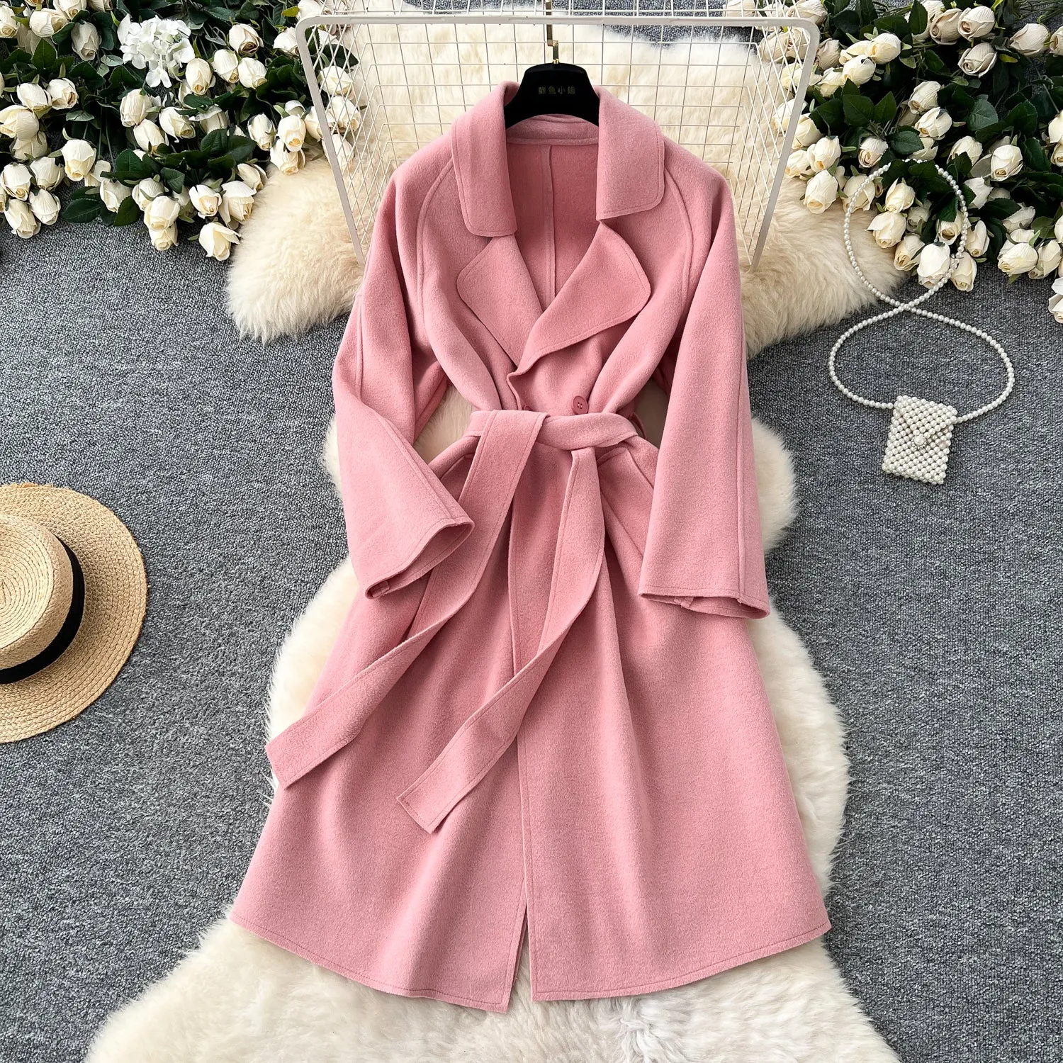 Solid Color Lace-up Tweed Trench Coat