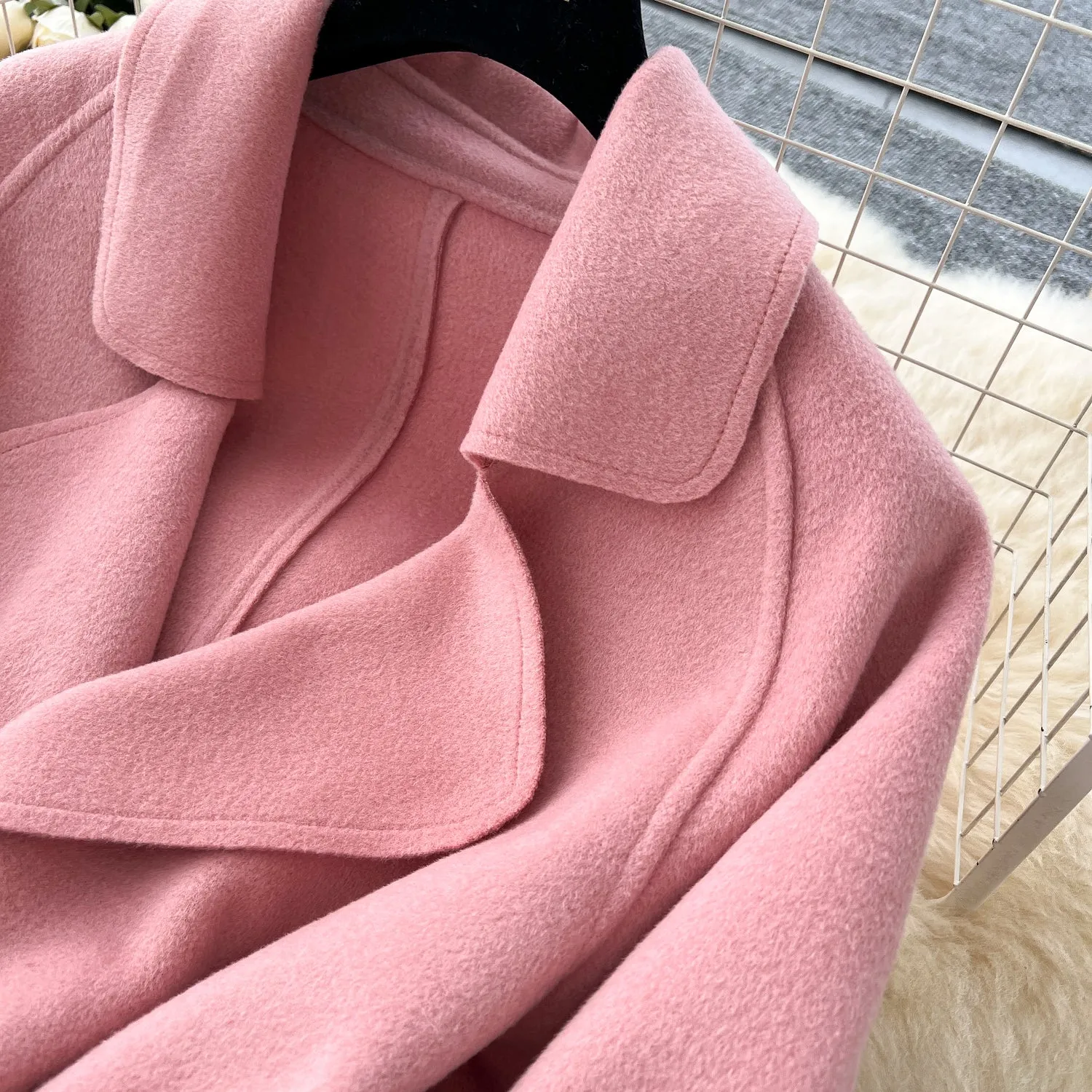 Solid Color Lace-up Tweed Trench Coat