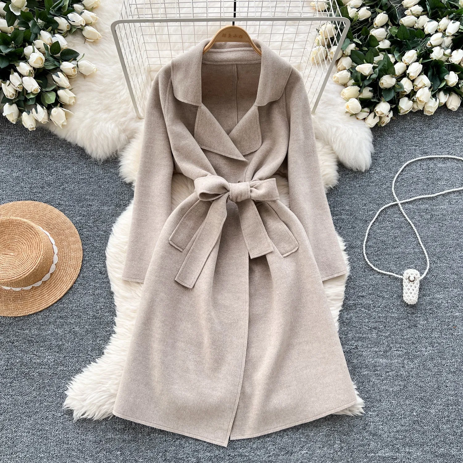 Solid Color Lace-up Tweed Trench Coat