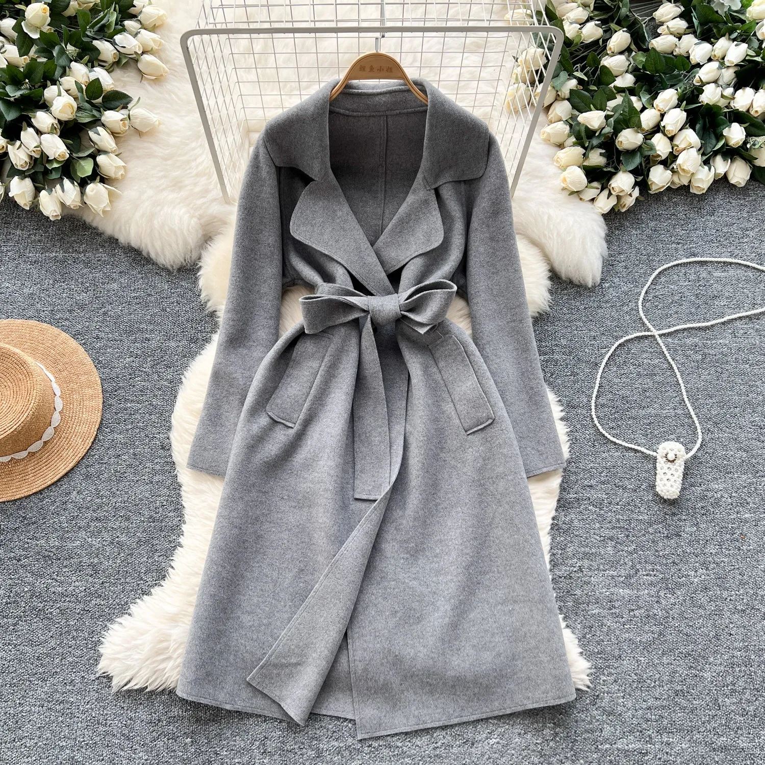 Solid Color Lace-up Tweed Trench Coat