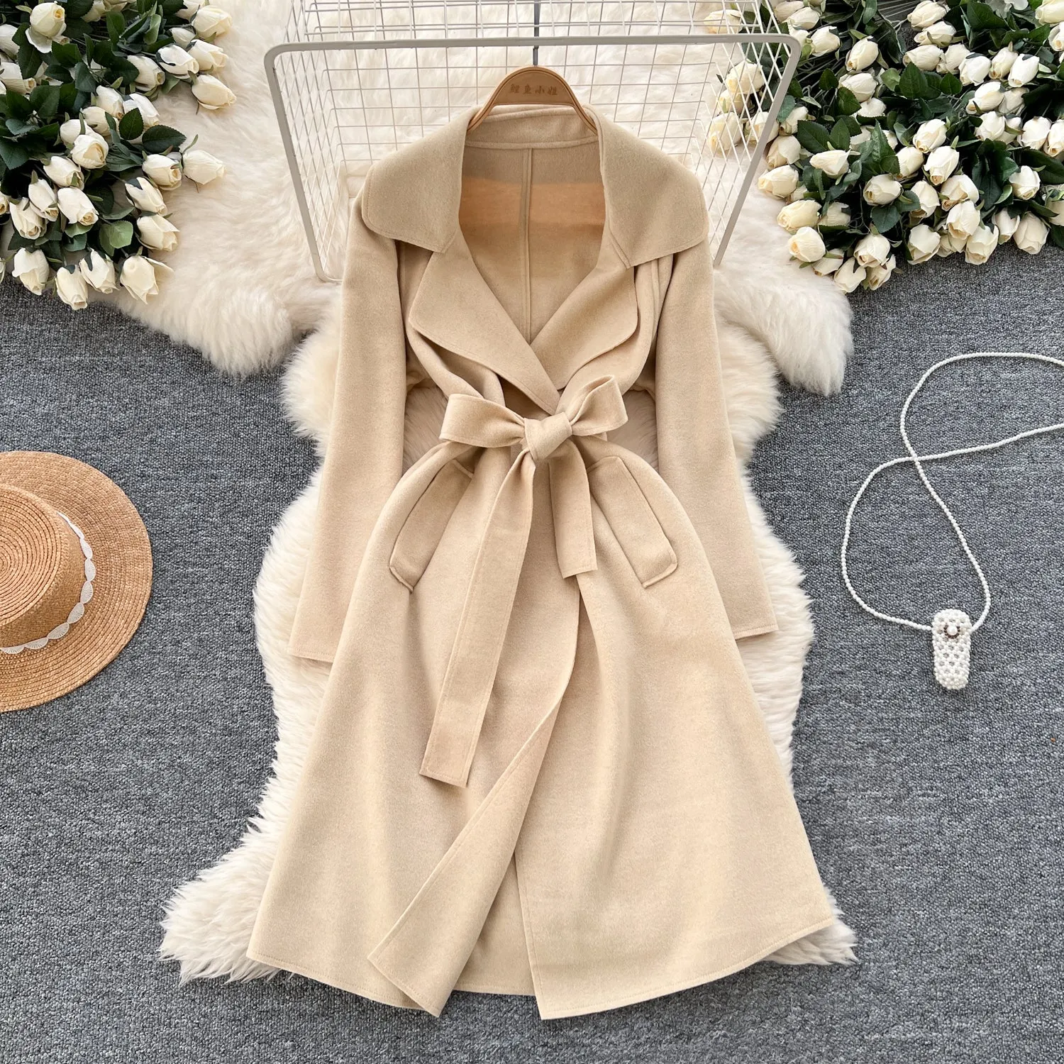 Solid Color Lace-up Tweed Trench Coat
