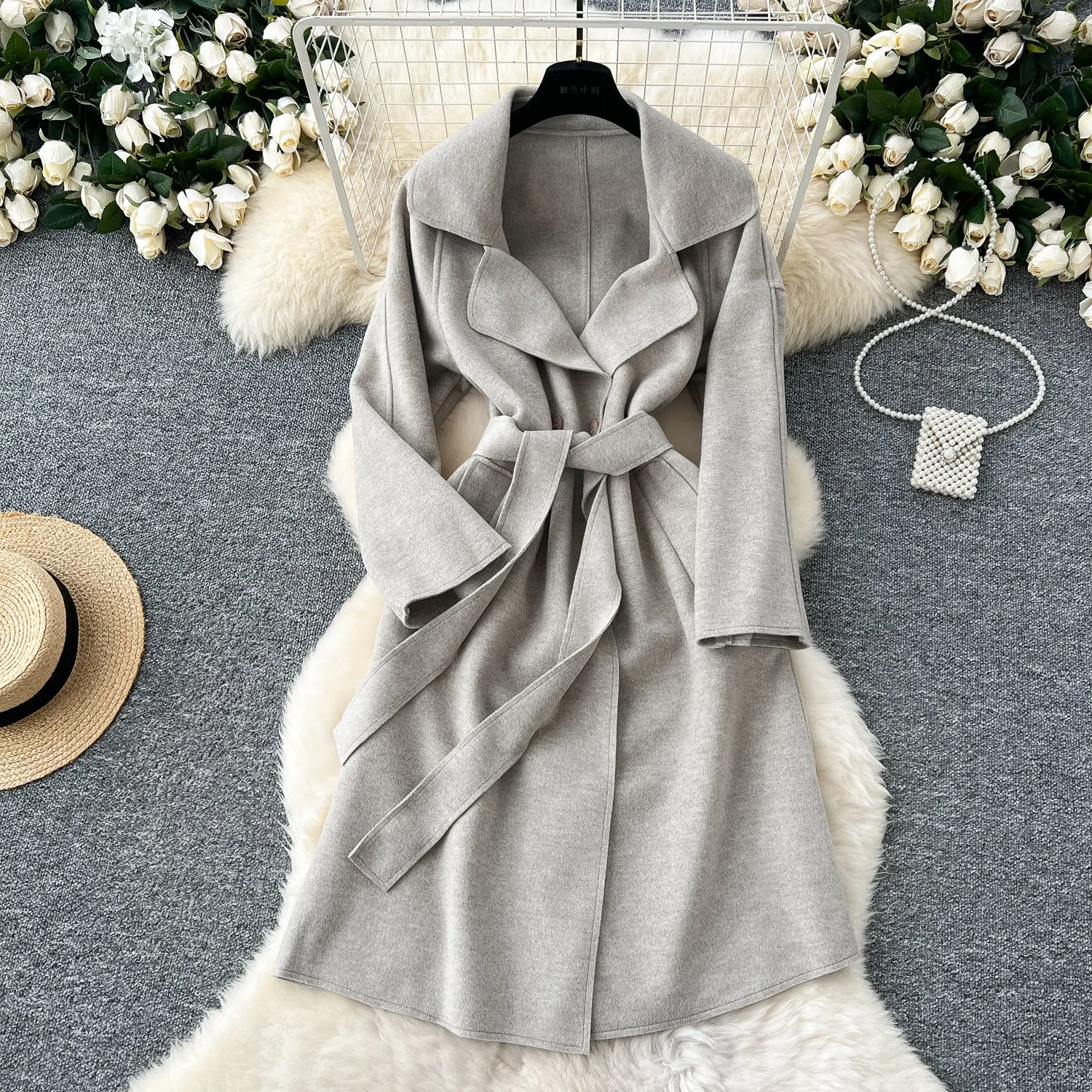 Solid Color Lace-up Tweed Trench Coat