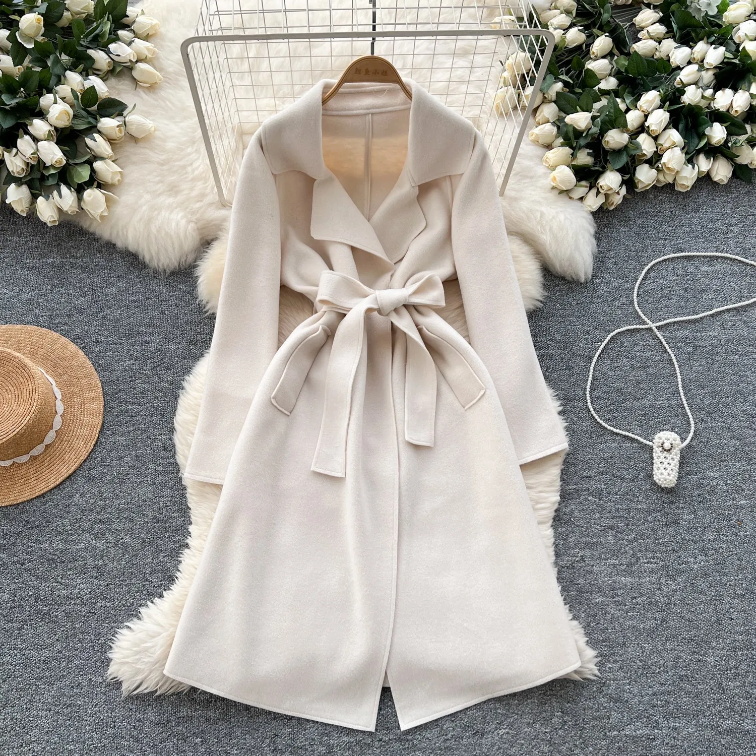 Solid Color Lace-up Tweed Trench Coat