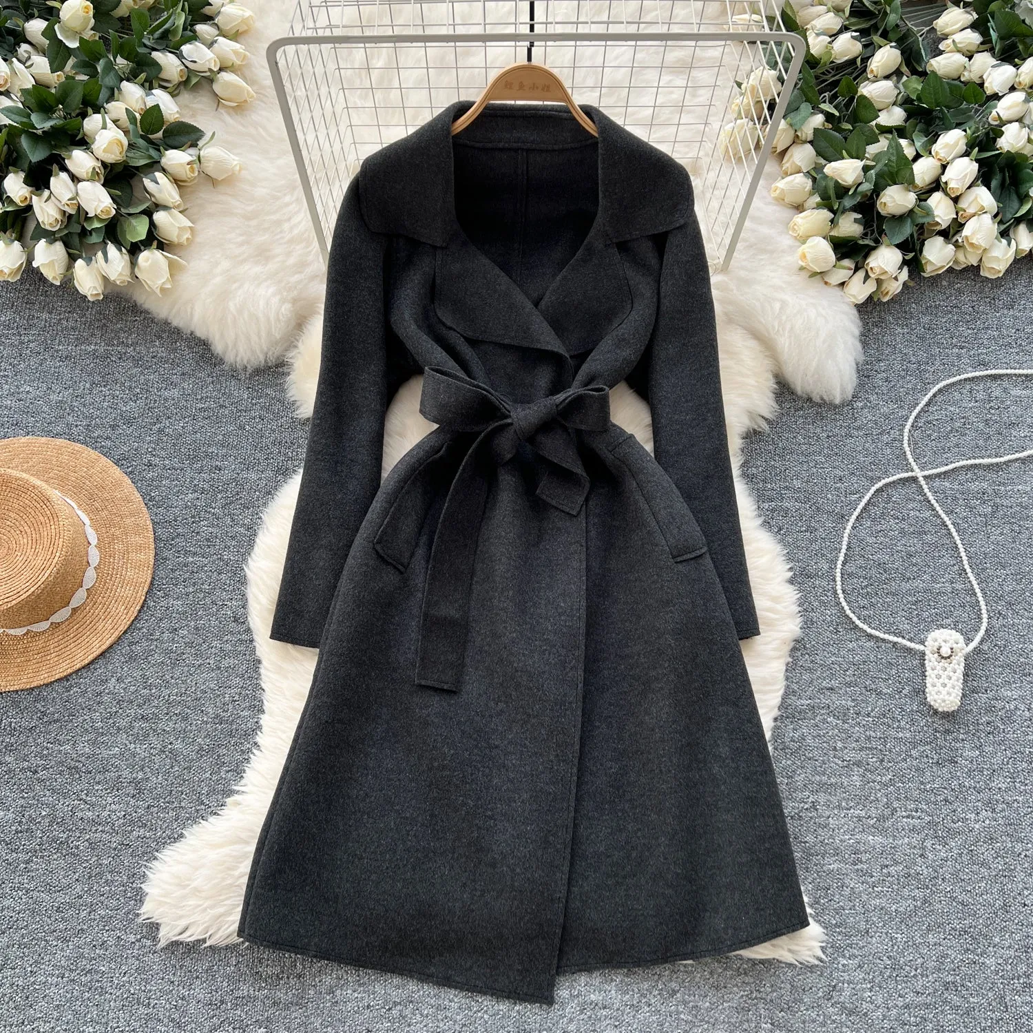 Solid Color Lace-up Tweed Trench Coat