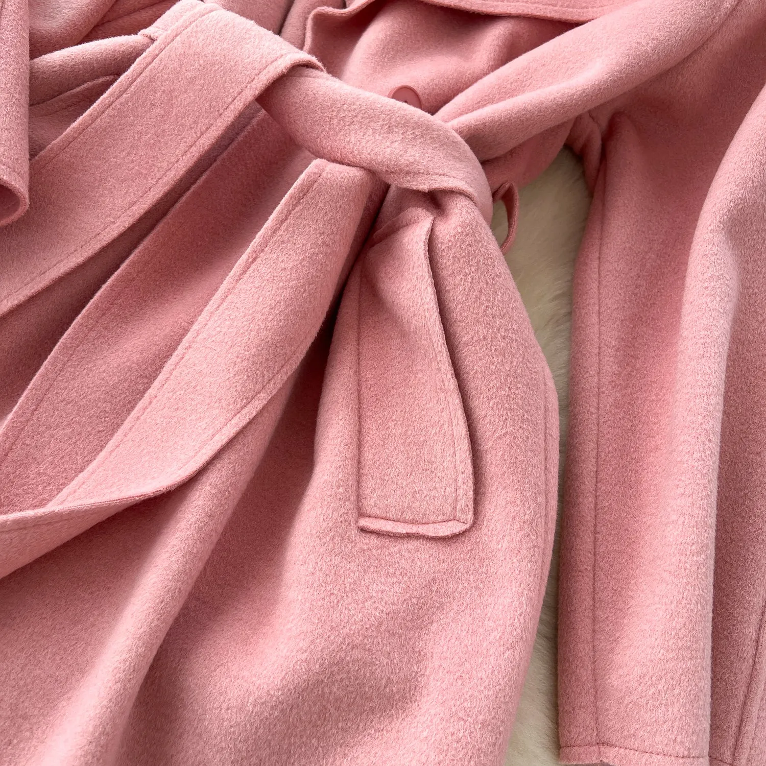 Solid Color Lace-up Tweed Trench Coat